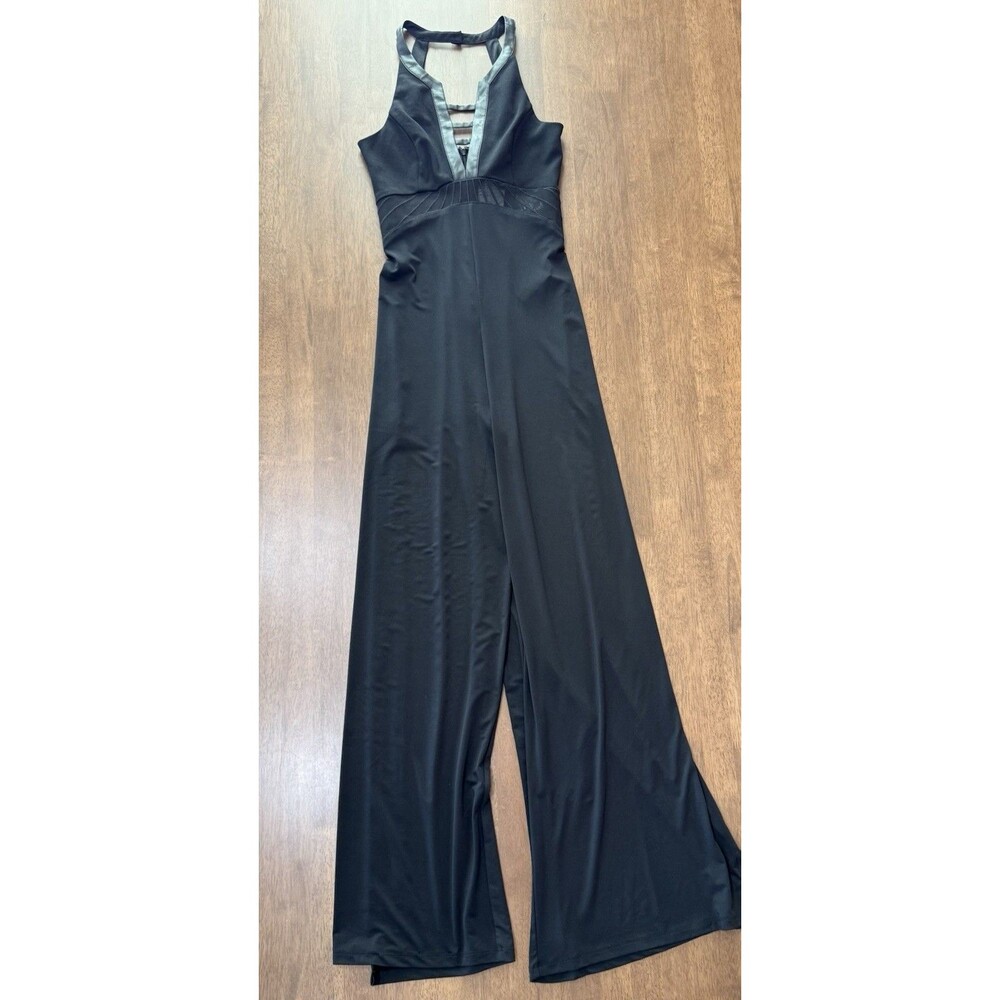 Ark & Co Black Halter Cutout Wide Leg Jumpsuit Faux Leather Trim NWT Small Sexy - Picture 3 of 14
